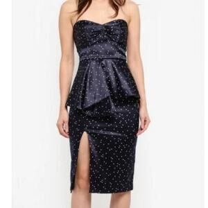 NWT Bardot Midnight Blue Strapless Polka Dot Satin Peplum Cocktail Dress SZ 6